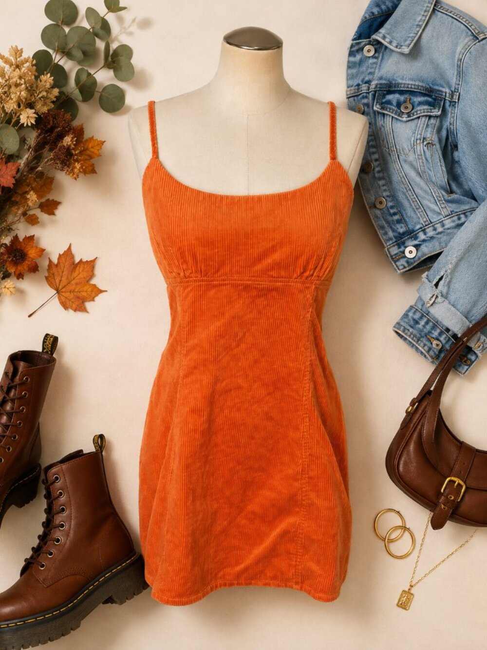 Wild Fable Orange Corduroy Mini Dress M Y2K 90s Spaghetti Strap Bodycon